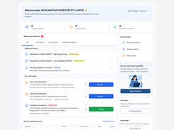 ArayaPRO dashboard showing account summary cards, supplier tasks, quick actions, document reviews, and a side-panel illustration.
