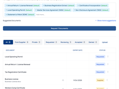 Documents workspace showing requested document chips, a Request Documents action, status filters, supplied files, expiry dates, and AI analysis indicator.