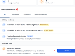 ArayaPRO dashboard showing supplier activity, pending reviews, document requests, and customer invitations.