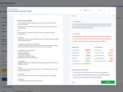 Non-disclosure agreement review modal showing an AI summary, key issues, assessment results, risk ratings, questions for the supplier, and accept or reject controls.