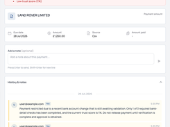Payment Review screen showing a restricted-payment alert, supplier payment summary, optional notes, review history, and flag or validate payment actions.