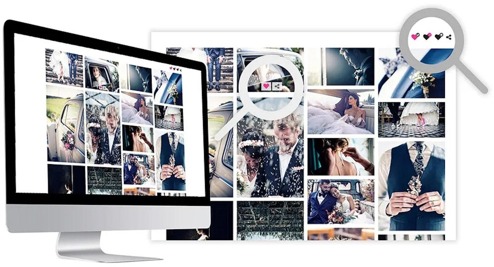 Private client galleries: clients browse the whole shoot, mark favourites, share and download their photos.