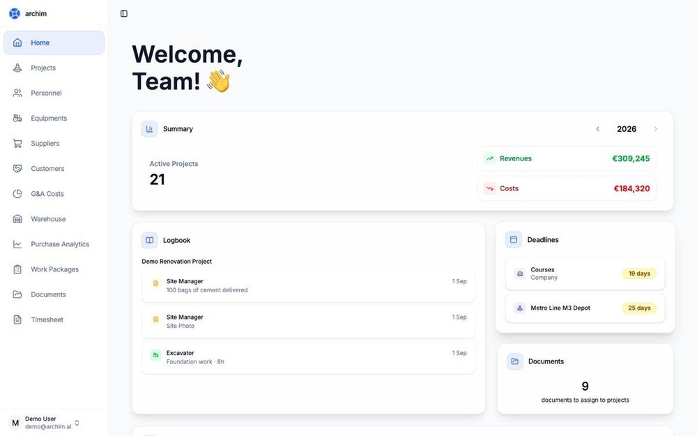 Executive dashboard — Project overview, costs, revenues, deadlines and daily site activity in one view.