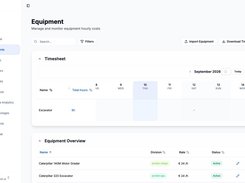 - Equipment management — Monitor equipment timesheets, hourly costs and asset status by project.