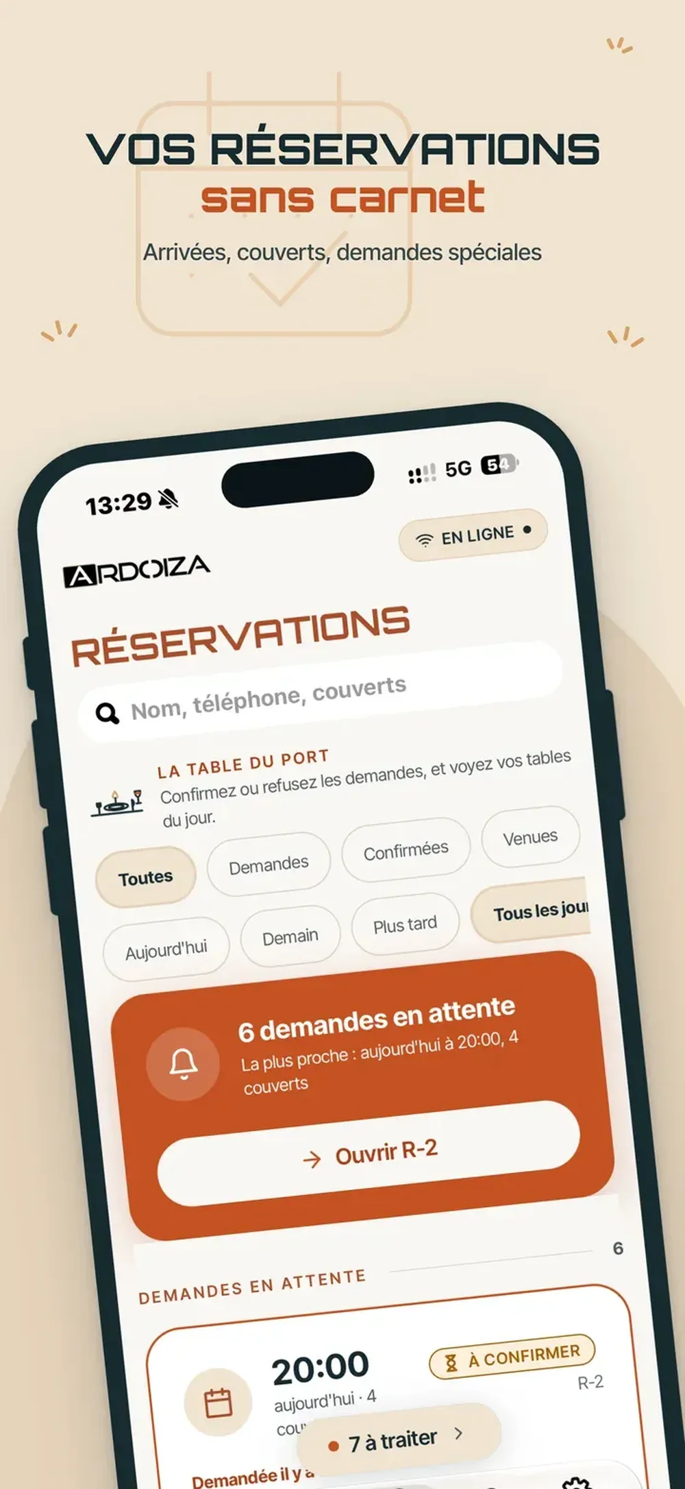 ARDOIZA mobile reservations screen with request filters, pending reservations, and confirmation status.
