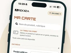 ARDOIZA mobile menu-management screen listing dishes and controls to mark items unavailable.