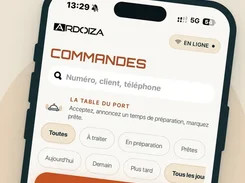 ARDOIZA mobile order-management screen showing order filters, pending orders, and preparation status.