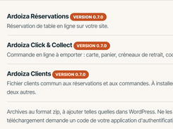ARDOIZA account page listing downloadable Reservations, Click & Collect, and Clients WordPress plugins.