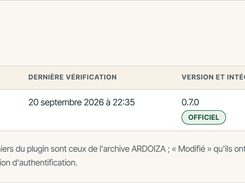 ARDOIZA activated-sites table showing plugin version, integrity status, verification date, and disassociation action.