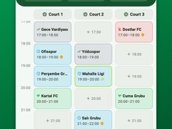 The whole day on one screen — court × hour grid with occupancy, free slots and expected revenue
