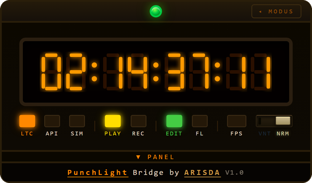 DaVinci Timecode mode — LTC, API and SIM sources with live status lights