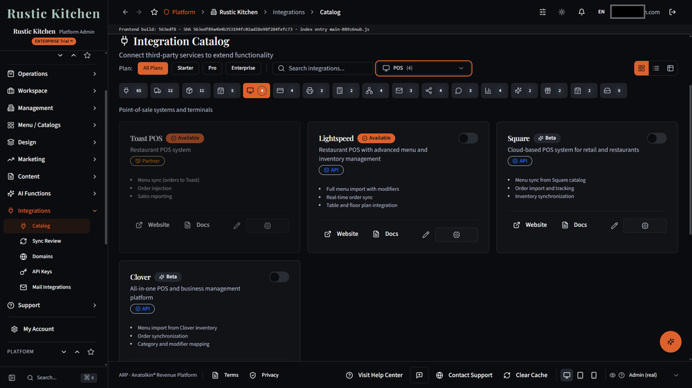 Admin panel - integrations - dark mode