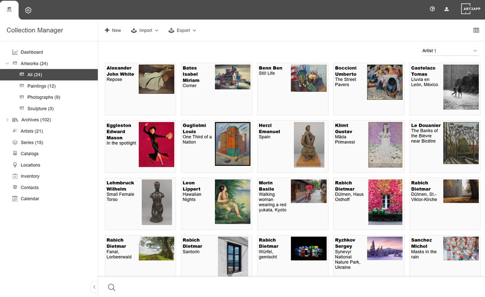 The gallery view shows every piece as a visual grid. Filter and search by type, artist, location, period or value to find any item in seconds.