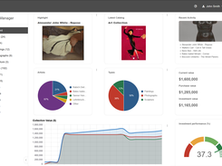 The dashboard tracks total collection value over time, purchases and sales, and breakdowns by category and artist, so you always know where the collection stands.