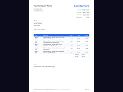 The finished tax invoice, generated automatically from tracked time entries. Line items, hours, rates, subtotal and total are filled in for you, complete with your company details and branding — ready to send to the client. This is the payoff of Ascend's inbox-to-invoice flow.