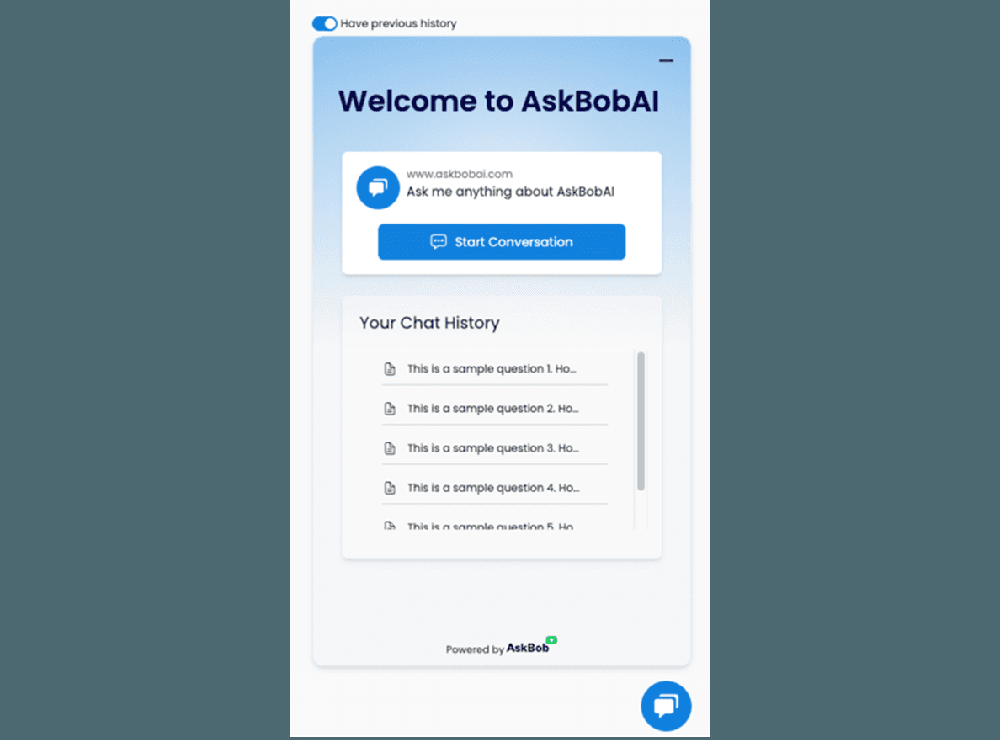 AskBobAI chat widget showing a welcome panel, Start Conversation button, chat-history list, previous-history toggle, and floating chat button.