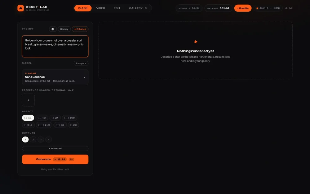Asset Lab Image generation page with a prompt field, model selector, aspect-ratio controls, and an empty results panel.