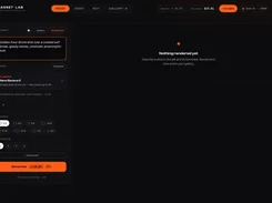 Asset Lab Image generation page with a prompt field, model selector, aspect-ratio controls, and an empty results panel.
