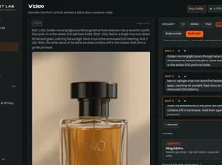 Asset Lab Video page with a perfume-bottle preview, multi-shot prompt fields, shot durations, and a selected video model.