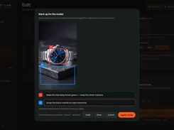 Asset Lab Edit page showing a markup dialog with numbered selection boxes over a watch image and edit instructions.