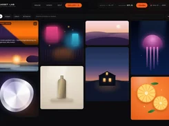 Asset Lab Gallery page showing a dark interface with filters, search controls, and a grid of generated image and video thumbnails.