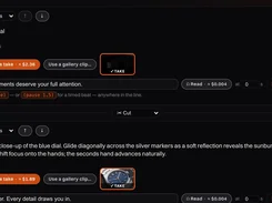 A dark video-production editor shows two shots with durations, generation controls, narration text, and watch-image thumbnails.