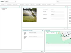 Asset record for irrigation with attributes, service areas, and a mapped location.