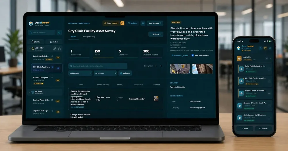 AssetInvent inventory dashboard shown on a laptop and mobile phone, with asset folders, survey counts, an asset table, equipment details, and photos.