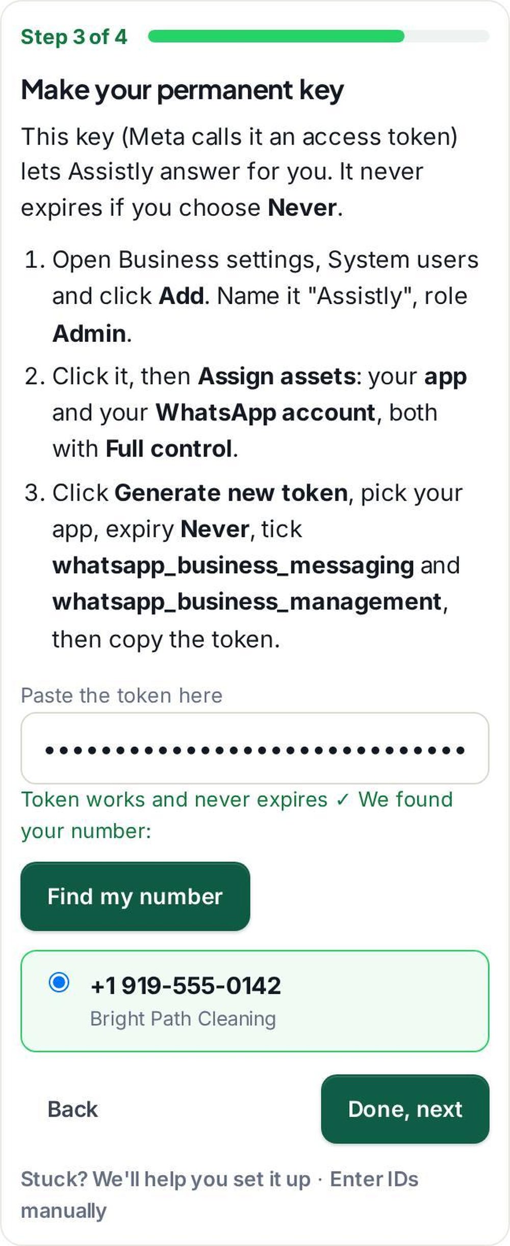 Assistly onboarding step 3 of 4 instructs the user to create a permanent Meta access token and shows a masked token field plus a sample business phone-number selection.