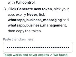 Assistly onboarding step 3 of 4 instructs the user to create a permanent Meta access token and shows a masked token field plus a sample business phone-number selection.