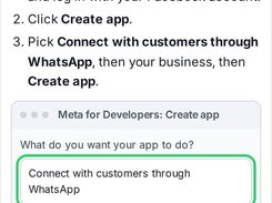 Assistly onboarding step 1 of 4 explains how to create a Meta app, with an illustrated Meta for Developers dialog highlighting the WhatsApp option.