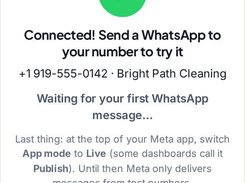 Assistly completion screen with a green checkmark states that WhatsApp is connected, displays a sample business number, and offers an Open my Inbox button.