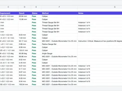Spreadsheet export listing inspection characteristics, requirements, results, and pass status.