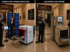Athena AI x-ray with WDS vs old school xray with metal detector setups at a court house scene