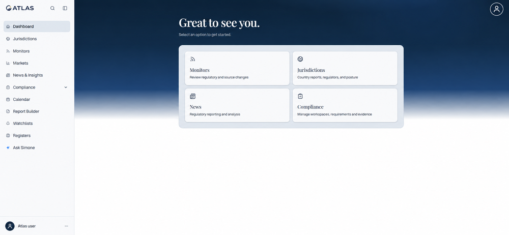 Atlas dashboard — one starting point for monitoring, jurisdictions, news and compliance. Account details anonymised.