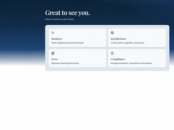 Atlas dashboard — one starting point for monitoring, jurisdictions, news and compliance. Account details anonymised.