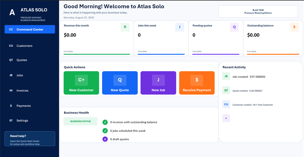 Atlas Solo dashboard with KPIs and recent activity