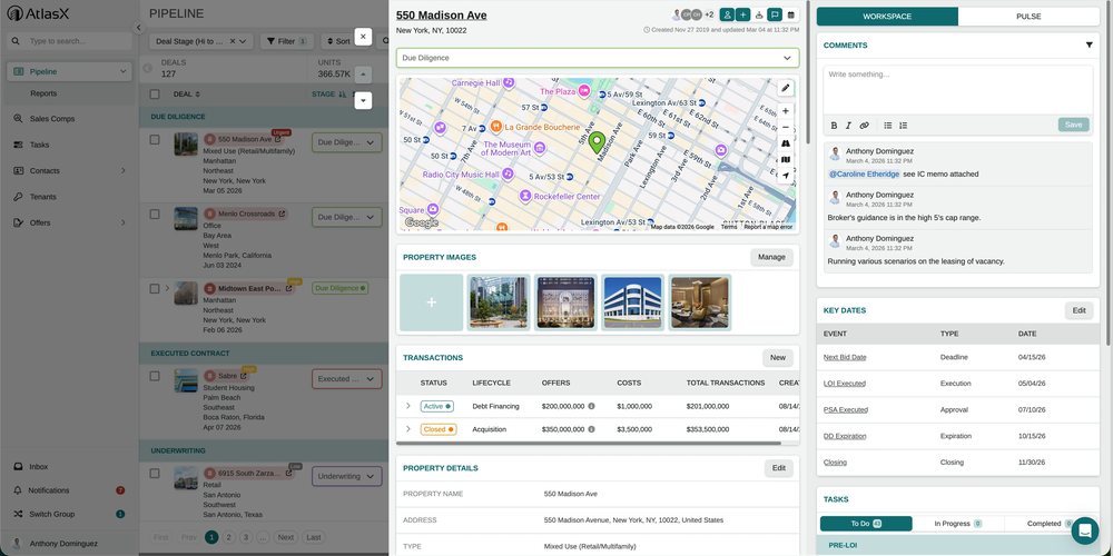 Track every deal from initial sourcing through closing with a structured pipeline built for CRE. Open any deal to instantly see property details, transaction history, key dates, team comments, and tasks — without leaving the pipeline view.