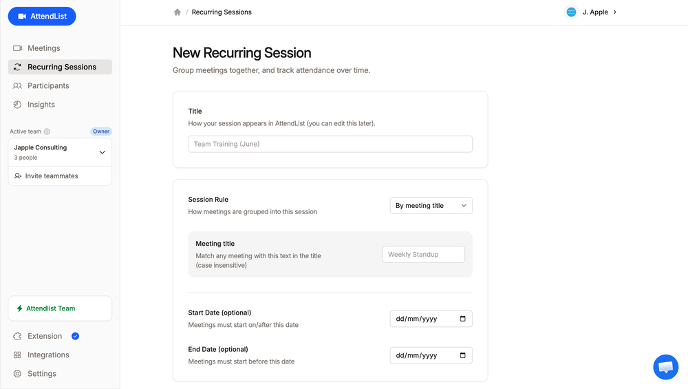 AttendList form for creating a new recurring session, with fields for a title, grouping rule, meeting-title match, and optional dates.
