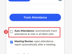 Browser extension popup branded AttendList with a Track Attendance button and Auto Attendance and Meeting Review settings; Auto Attendance is highlighted with a red box.