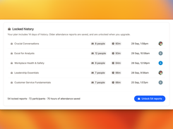 AttendList locked-history panel listing older attendance reports with participant counts, durations, dates, and an “Unlock 54 reports” button.