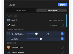 Choosing which apps get recorded, with a level for each, inside the plug-in in Logic Pro