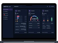 Aufix Fleet desktop dashboard shown in a laptop frame, with panels for vehicles, monthly expenses, and upcoming reminders.