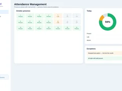 AuraMind Attendance Management dashboard showing an October presence calendar, a 94% attendance donut chart, present/late/absent totals, and exception notices.