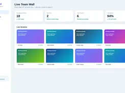 AuraMind Live Team Wall dashboard showing employee and attendance metrics plus eight colored live-screen preview tiles labeled with employee names and online or idle status.