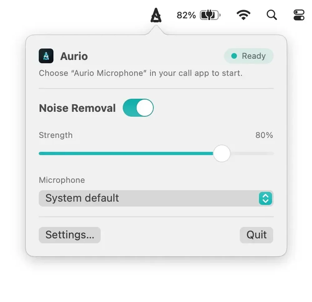 Aurio macOS menu-bar popover showing Ready status, a Noise Removal toggle, an 80% strength slider, a System default microphone selector, and Settings and Quit buttons.