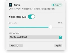 Aurio macOS menu-bar popover showing Ready status, a Noise Removal toggle, an 80% strength slider, a System default microphone selector, and Settings and Quit buttons.