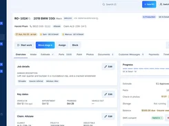 Repair order workspace: claim, key dates, assigned techs, progress, estimate and balance on one screen, with tabs for parts, photos, messages and payments.