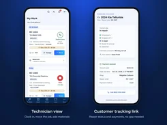 On the phone: technicians start job timers and move jobs from My Work, and customers follow their repair and pay through a texted tracking link.