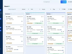 Production board: every vehicle by stage, with insurer, approval, parts and late flags at a glance, updating live on every screen.